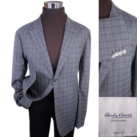 Savile Row Sport Coat Blazer Gray Windowpane Plaid Gray 46R Casual Jacket Wool - Picture 1 of 13